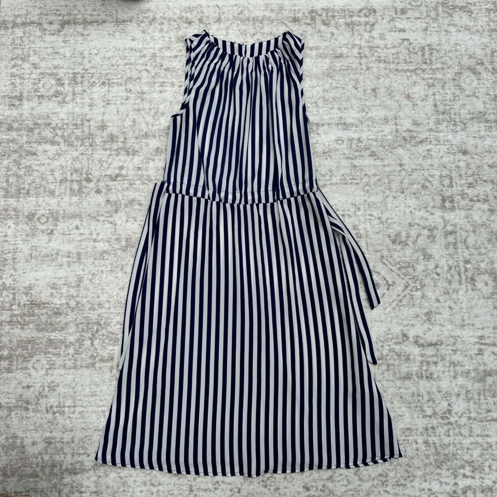 Juicy Couture Navy Blue White Striped Sleeveless Midi Dress Belted Small